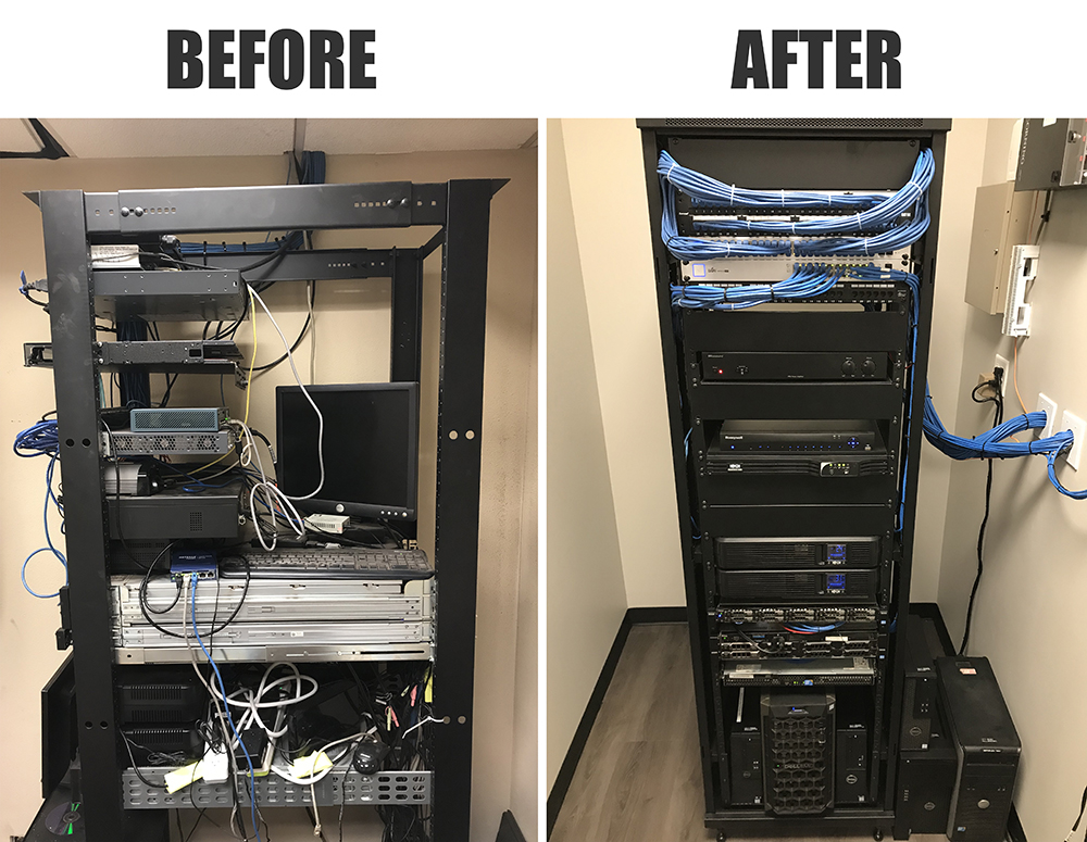Before and after of an access control server room on a Vince Hagen property.