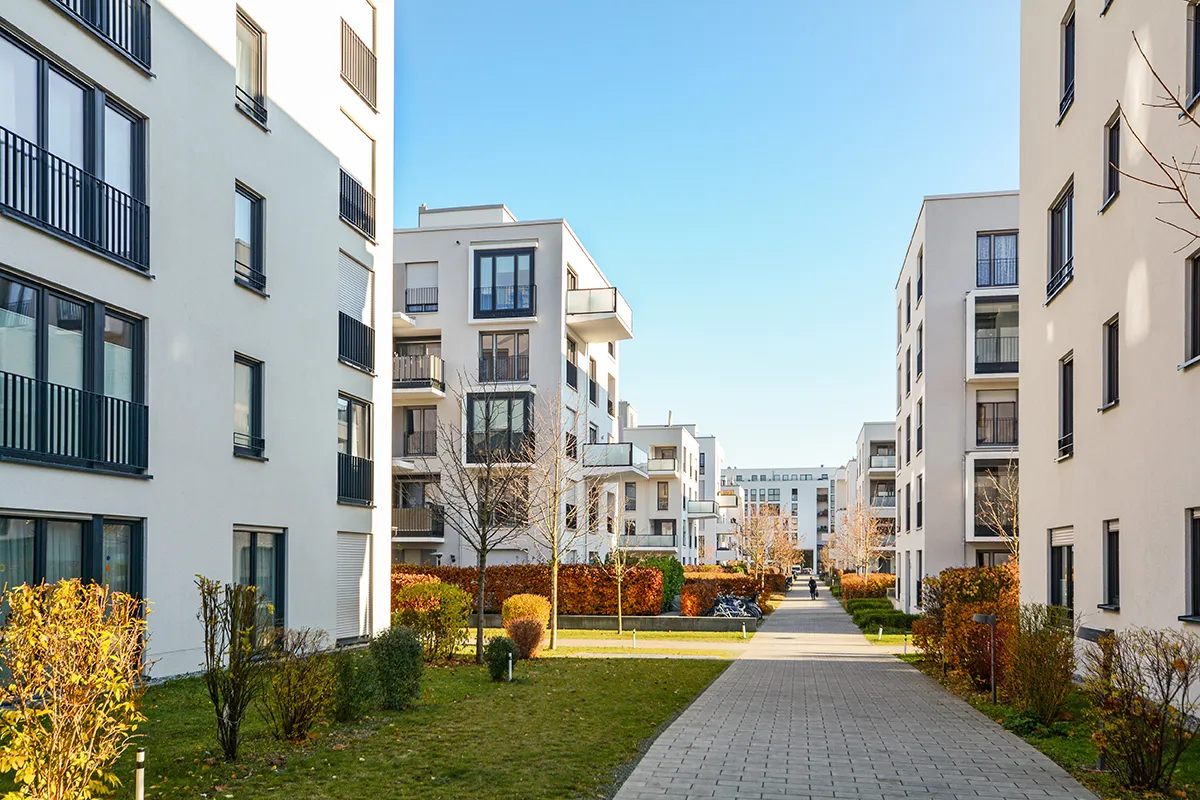 Managed property buildings and a landscaped shared courtyard