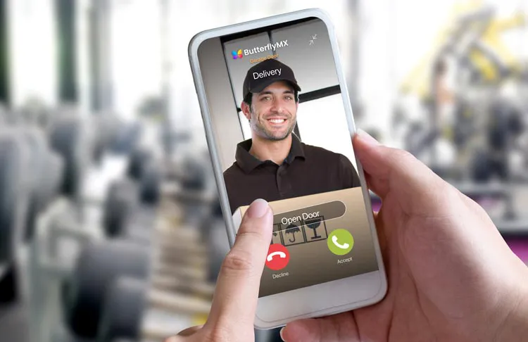 Mobile video entry app displaying a visitor at a building entrance